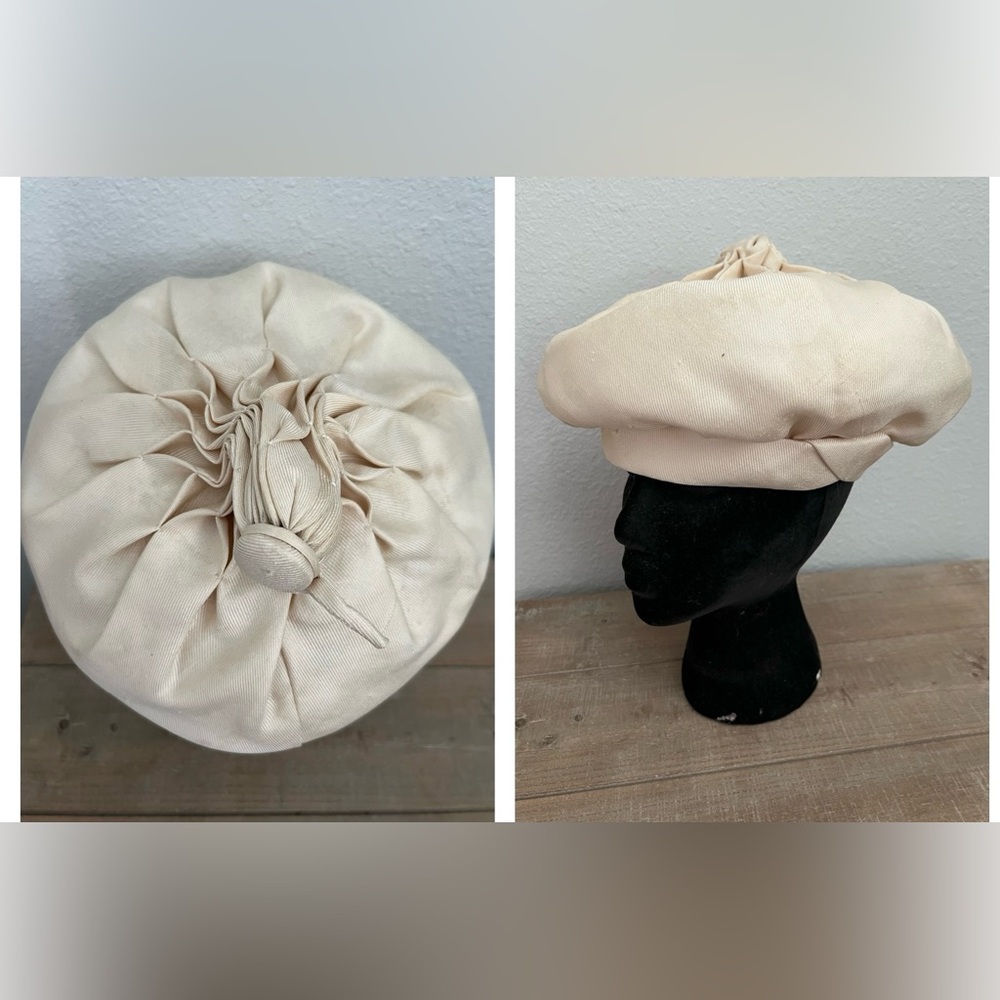 Vtg Leslie James Cream Beret UNIQUE Statement Hat Gathered Pleats Form Top Peak